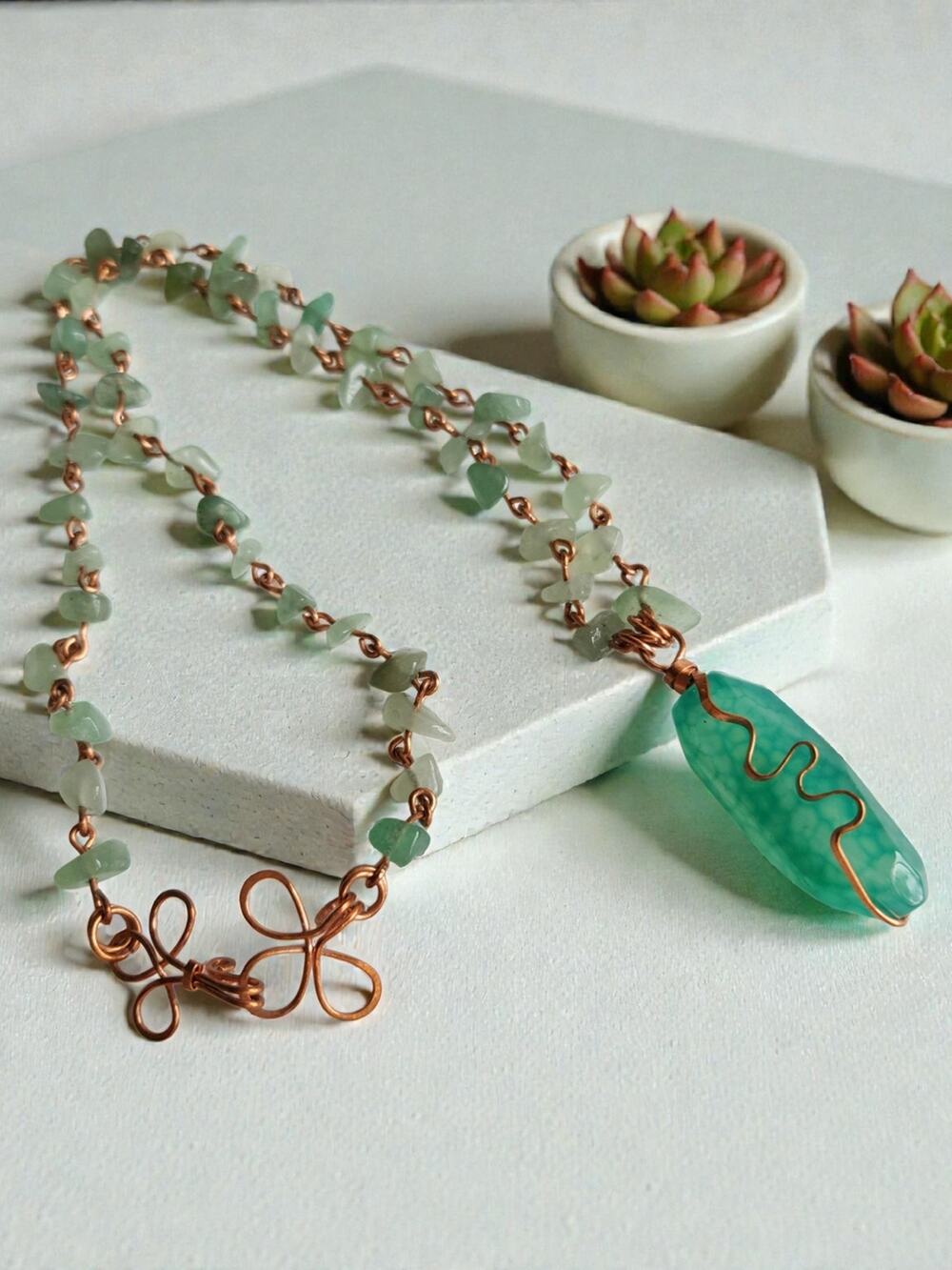Green Agate Pendant Necklace with Copper Wire and Bead Chain